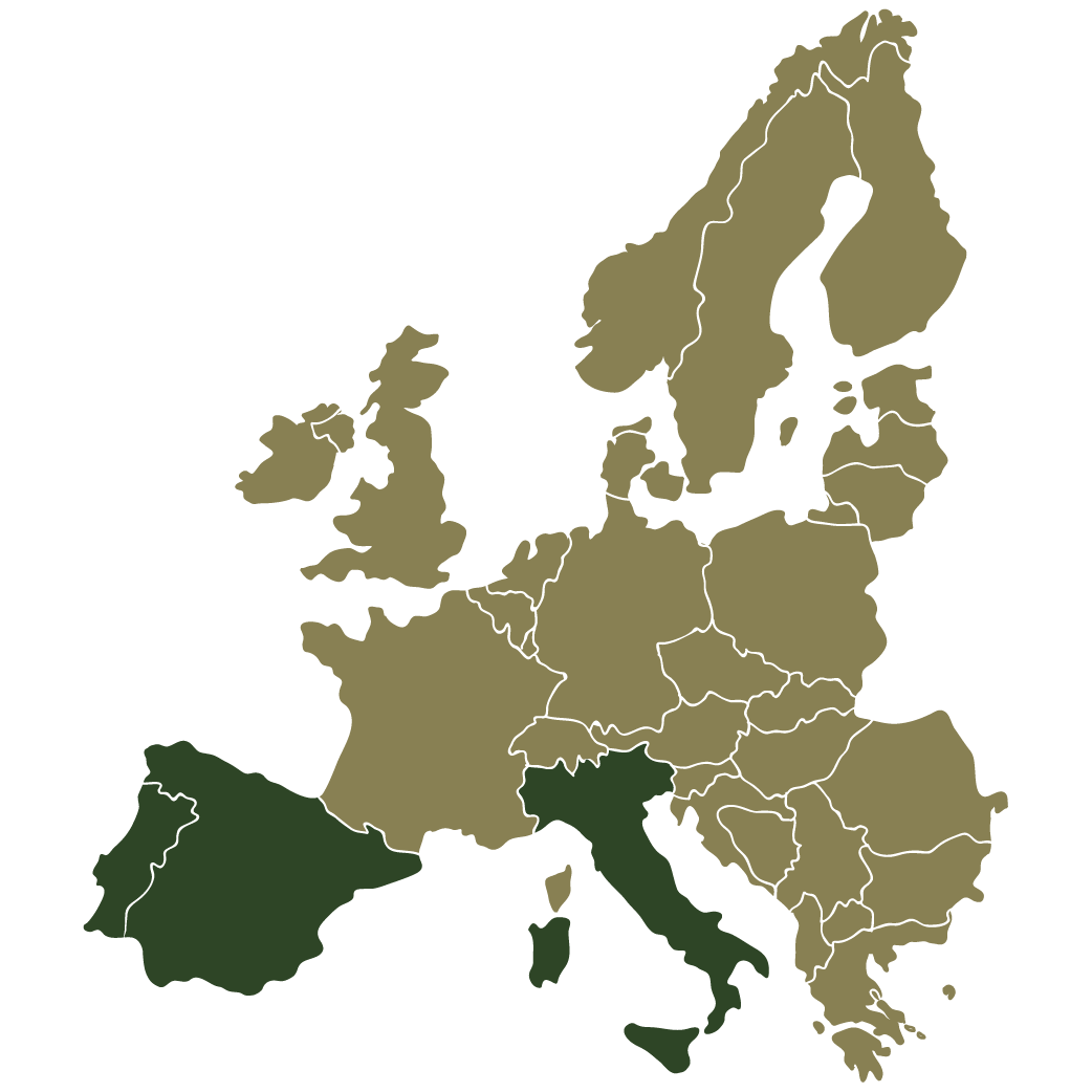 Kaart van Europa waarop Zuid-Europa is gemarkeerd. 