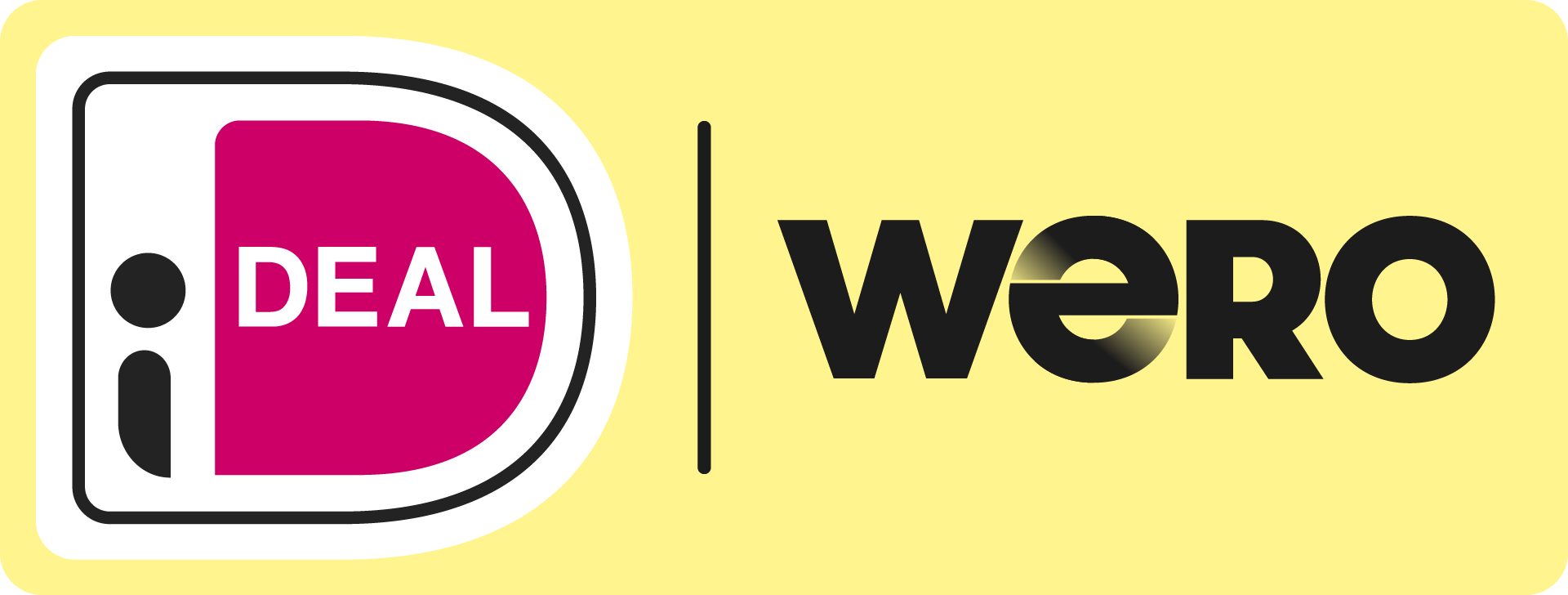Het overgangslogo van iDeal naar Wero. Met links het ouder roze iDeal logo en rechts het nieuwe wero logo met zwarte letters